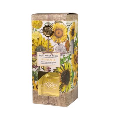 Michel Design Works Sunflower Reed Diffuser 3.4 oz with eight natural reeds on white background