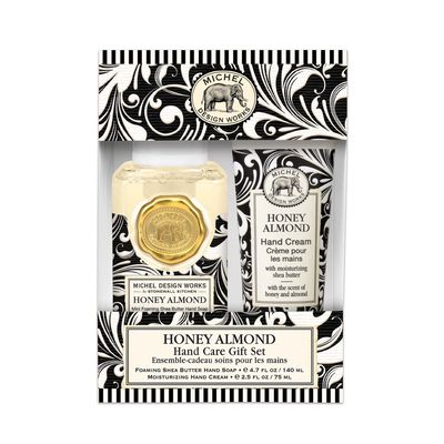 Michel Design Works Honey Almond Foaming Hand Soap and Cream Gift Set displayed against a clean studio background