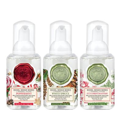 Michel Design Works 3-piece mini foaming hand soap set in holiday scents on white background