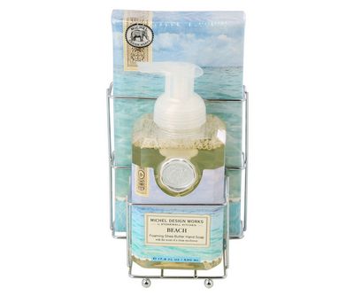 Michel Design Works Beach foaming hand soap and coordinating napkin set displayed against a white background in studio lighting