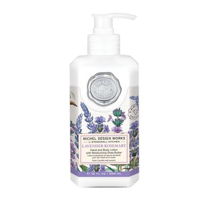 Michel Design Works Lavender Rosemary Shea Butter Hand &amp; Body Lotion bottle displayed against a neutral background in studio lighting