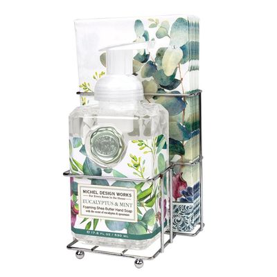 Michel Design Works Eucalyptus Mint foaming soap bottle and matching napkin caddy on white background