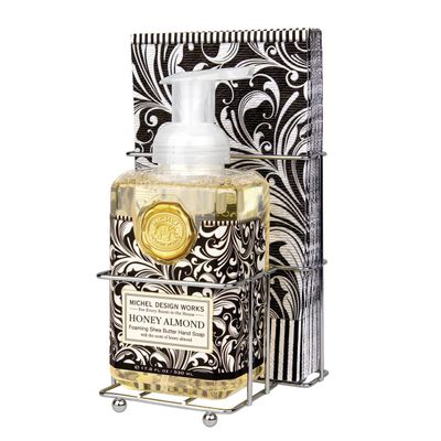 Michel Design Works Honey Almond Foaming Soap and Napkin Gift Set displayed against a neutral background in studio lighting