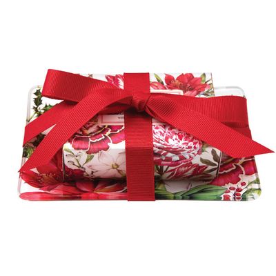 Michel Design Works Christmas Bouquet soap bar and clear glass dish displayed together on white background