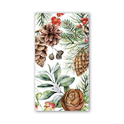 Pack of 15 white Michel Design Works paper hostess napkins with white spruce design, displayed against a neutral background
