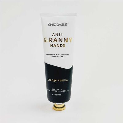 CHEZ GAGNE Anti-Granny Hands Moisturizing Hand Cream in Orange Vanilla, 3.5 oz jar on white background