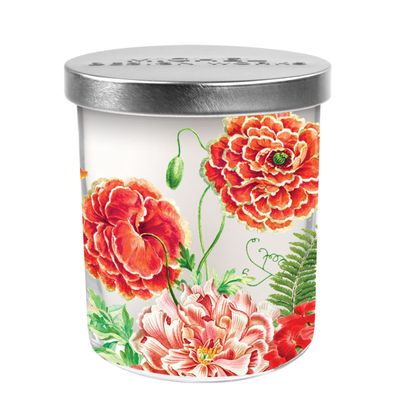 Michel Design Works Poppies &amp; Posies soy blend candle in glass jar with matching lid on white background