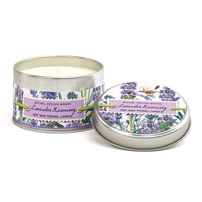 Michel Design Works Lavender Rosemary soy candle in a metal travel tin, isolated on white background