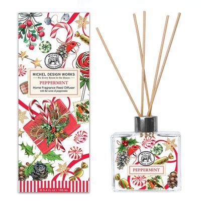 Michel Design Works peppermint reed diffuser in clear glass decanter with natural reeds on white background