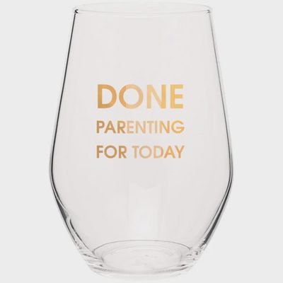 Clear wine glass with gold foil text reading 'Done Parenting Today' on a white background