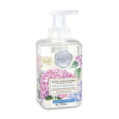 Michel Design Works Wild Hydrangea foaming hand soap bottle with shea and aloe on a neutral background
