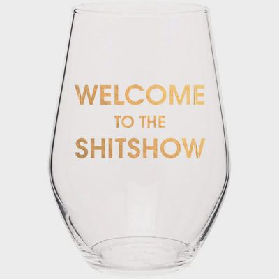 Gold foil stemless wine glass with black text reading Welcome to the Shitshow, displayed against a white background