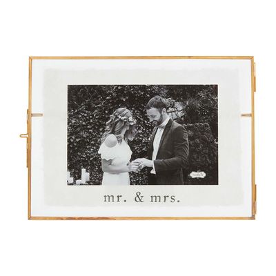 Mud Pie Small Mr. &amp; Mrs. decorative glass frame with metal hardware on white background
