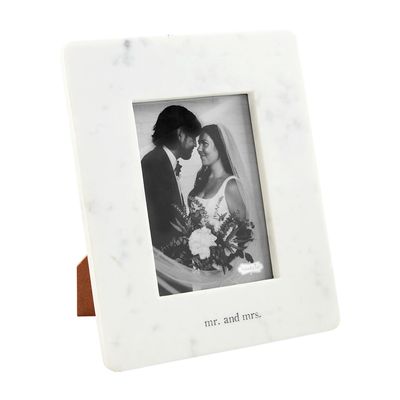 White marble Mr. &amp; Mrs. easel photo frame in 5x7 size on neutral background