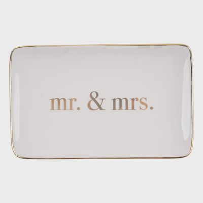 White hand-painted ceramic jewelry tray with Mr. &amp; Mrs. lettering and white gold accents, 10 by 7 inches, on neutral background