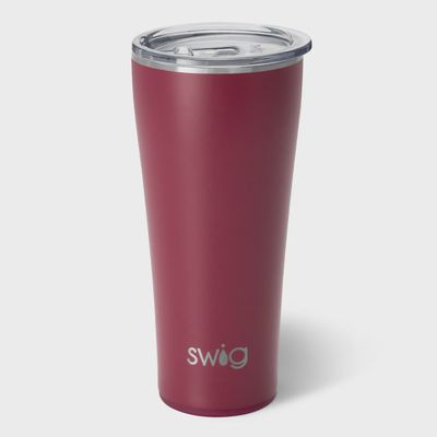 Swig Life 32-ounce maroon insulated tumbler with a white lid and handle, centered on a plain background