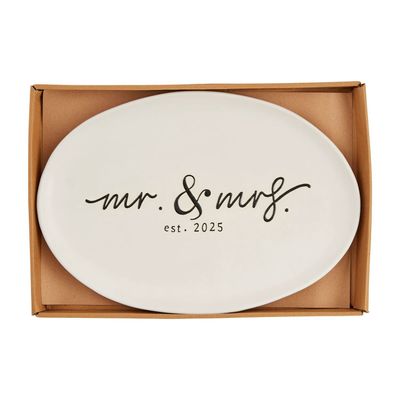 Hand-painted stoneware platter with Mr &amp; Mrs Est 2025 design in cream and navy on neutral background