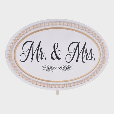 Beaded script Mr. &amp; Mrs. stand and welcome board topper by Glory Haus displayed on white background, wedding décor accessory