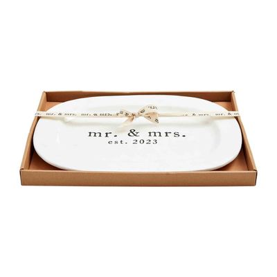 Mud Pie Mr. &amp; Mrs. 2023 ceramic wedding platter displayed against a white background in studio lighting