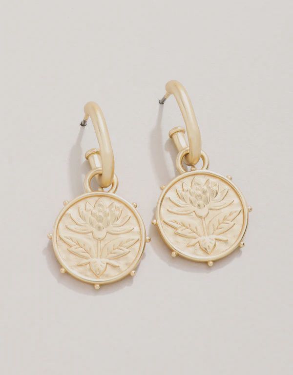 Lotus Drop Hoop Earrings Gold