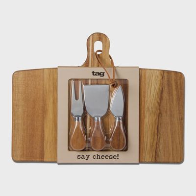 Tag acacia wood charcuterie board with matching cheese utensils displayed on white background