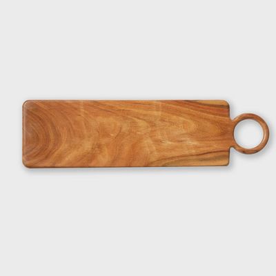 Tag acacia wood paddle serving board with loop handle, displayed on neutral background