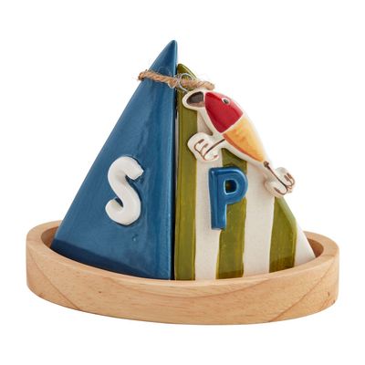 Mud Pie Lake Sailboat stoneware and wood salt and pepper shaker set displayed on white background