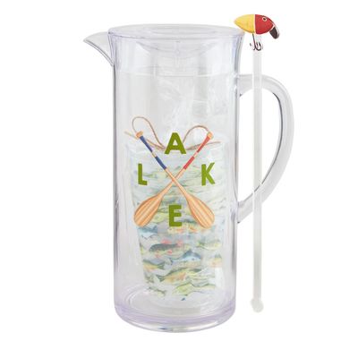 Mud Pie Lake Party acrylic pitcher with matching stirrer and six cups displayed together on white background
