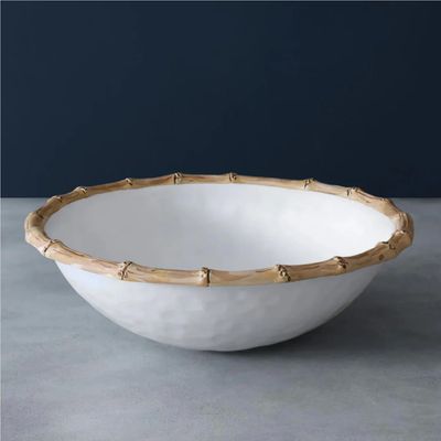 Beatriz Ball large salad bowl in white and natural melamine with bamboo-inspired ridged texture, shown on neutral background