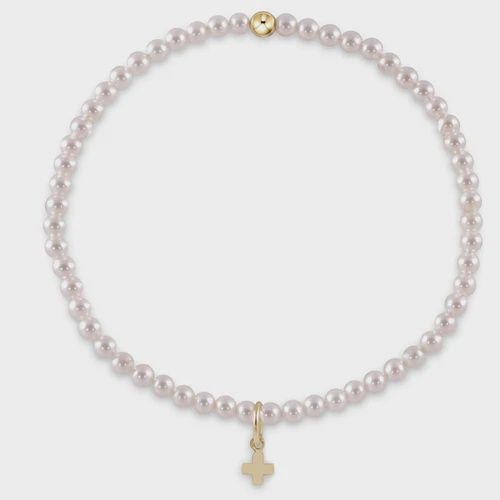 Pearl 3mm Bead Bracelet - Signature Cross Small Gold Charm