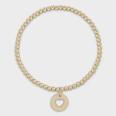 Gold-filled 3mm bead bracelet with love disc charm in 14kt gold, 6.75 inches, displayed on white background