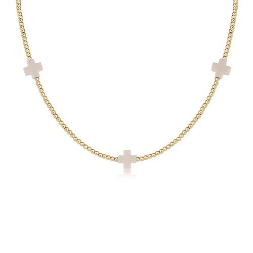 15&quot; Choker Signature Cross Gold Pattern 2mm Bead - Off-White