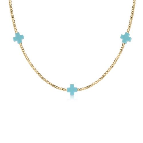 15&quot; Choker Signature Cross Gold Pattern 2mm Bead - Turquoise