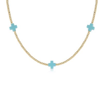 15" Choker Signature Cross Gold Pattern 2mm Bead - Turquoise