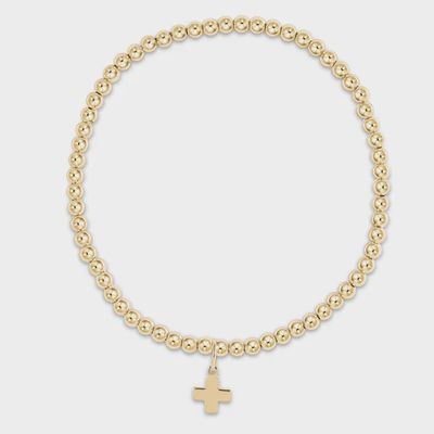 14kt gold-filled beaded bracelet with 3mm spheres and delicate cross charm, 6.75 inches, displayed on neutral background