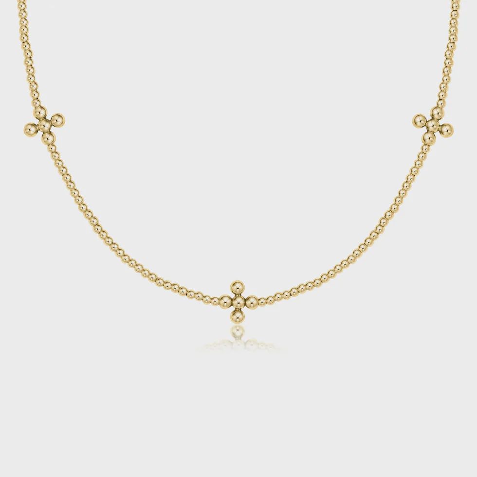15&quot; Choker Signature Cross Gold Pattern 2mm Bead - Classic Beaded Signature Cross Gold - 3mm Bead Gold