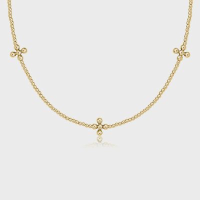 15" Choker Signature Cross Gold Pattern 2mm Bead - Classic Beaded Signature Cross Gold - 3mm Bead Gold