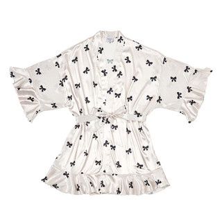 Bella IL Fiore ruffled satin robe with layered ruffle trim details, displayed on a neutral background in studio lighting