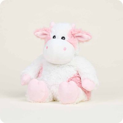 Warmies Strawberry Cow large microwavable plush in lavender with strawberry pattern details, displayed against a white background