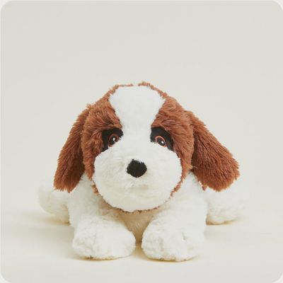 Warmies St. Bernard weighted plush toy in cream and brown with lavender scent, displayed against a neutral background