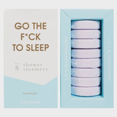 Set of 8 lavender shower steamers in a studio arrangement, aromatherapy bath product with purple tones