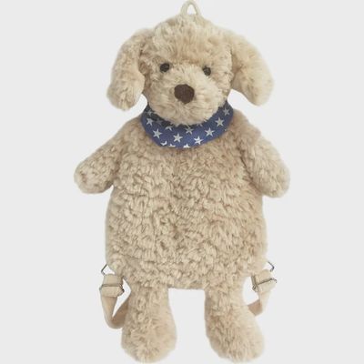 Mon Ami Bentley puppy plush children's backpack with front zipper pocket in studio setting