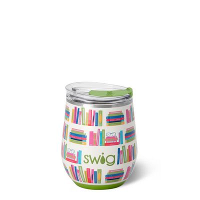 Swig Life Book Club 12oz insulated stemless wine cup in studio setting with white background