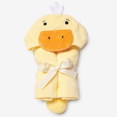 Baby yellow duck hooded bath wrap in 100% cotton terry, displayed flat on white background