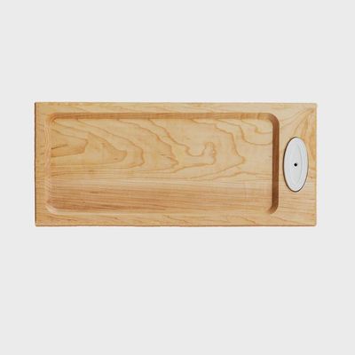 Nora Fleming maple wood serving board, 18 by 8 inches, with attachment slot for mini accessories, isolated on white background