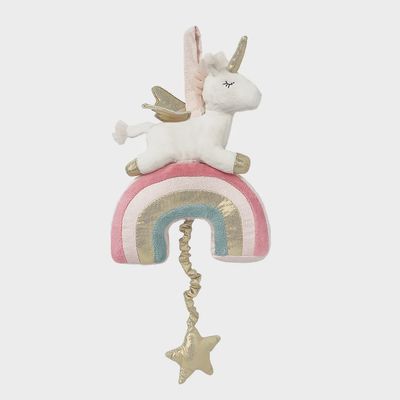 Mon Ami plush unicorn pull-string musical crib mobile with soft fabric body and attached string pull mechanism, shown on neutral background