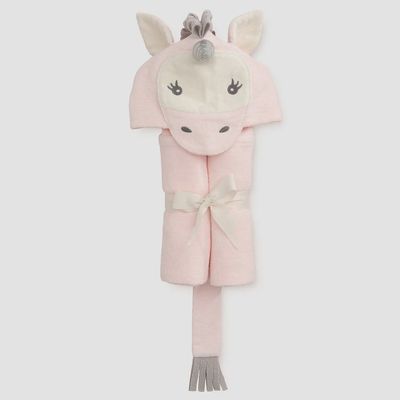 Baby pink cotton terry hooded bath wrap with unicorn applique design, displayed on white background