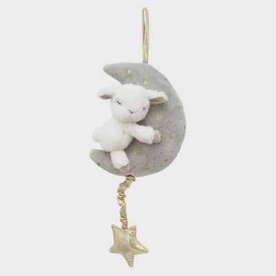 Cream-colored plush lamb toy measuring 13 inches, featuring soft fabric and a musical sleep function that plays Brahms Lullaby, shown on a white background