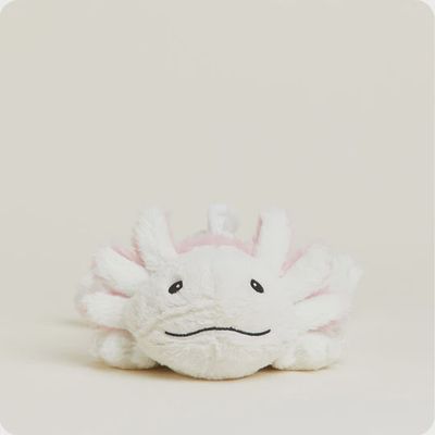 White axolotl-shaped microwavable plush toy with lavender scent against a neutral background
