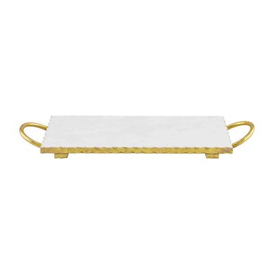 Gold and marble serving board with handles displayed against a white background in studio lighting